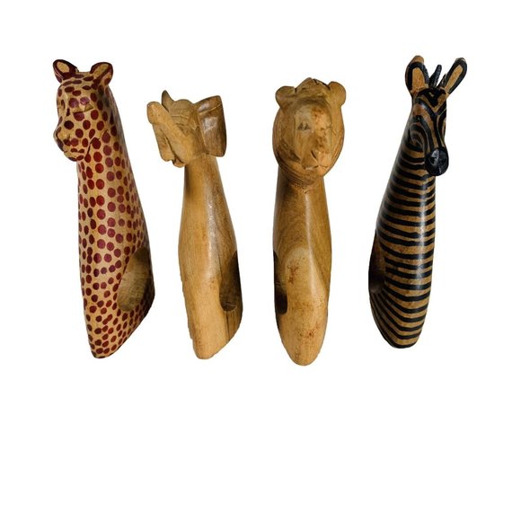 Wooden Carved Safari Animals Napkin Rings 4 Holder Zebra Leopard Tiger Elephant - Picture 7 of 16